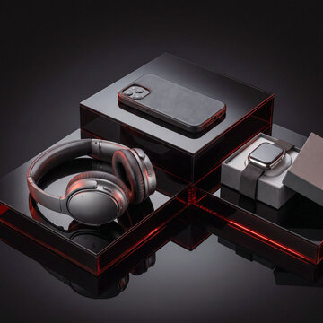 High angle view of modern electronic gadgets including over-ear headphones, smartphone, and smartwatch displayed on sleek reflective pedestals with red accent lighting