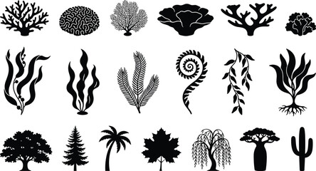 Underwater Marine Coral Reef Seaweed Kelp and Terrestrial Tree Foliage Plant Silhouette Icon Set for Nature Botanical and Aquarium Vector Designs © MdSumon