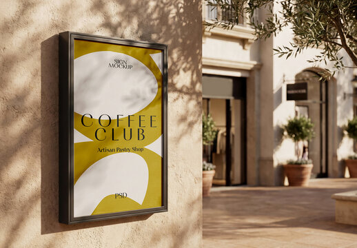 Framed Sign On Stucco Wall Mockup