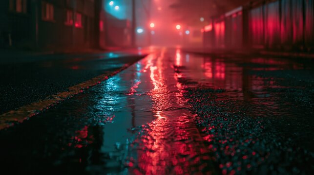 Vibrant neon light reflecting off wet asphalt in a foggy night street with deep saturated colour
