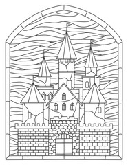 Naklejka premium Stained glass coloring page for adults and children. Old stone castle.
