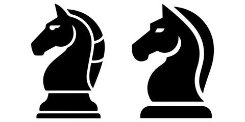 Minimalist black silhouette of chess knight piece with stylized horse head and pedestal base, iconic strategic game symbol representing tactics, creativity, and competition concepts. pro © Brazandrachandra