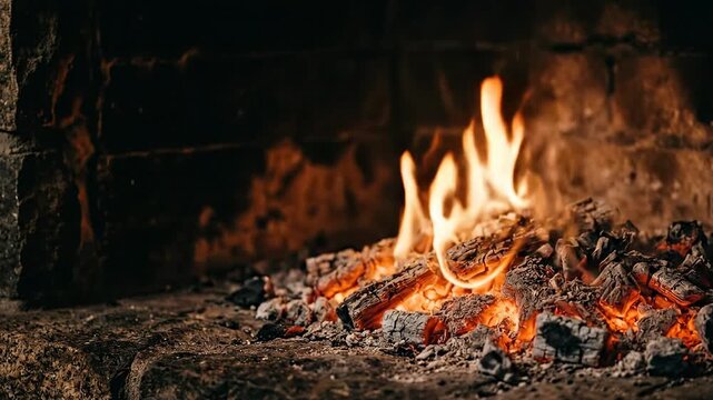 Fireplace embers igniting into flames 4K Video