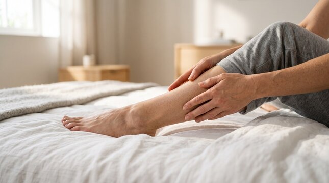 Woman massaging her sore calf muscle while sitting on a comfortable bed