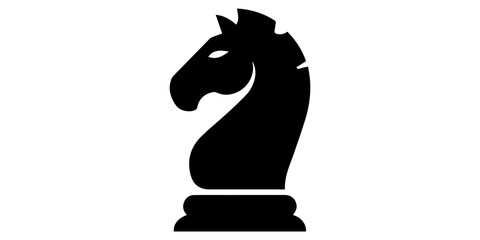 Minimalist black silhouette of chess knight piece with stylized horse head and pedestal base, iconic strategic game symbol representing tactics, creativity, and competition concepts. pro © Brazandrachandra