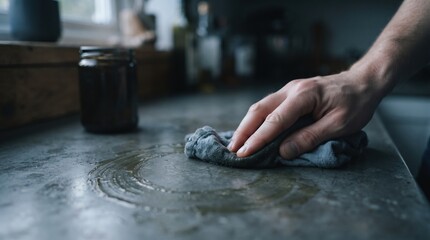 Fototapeta premium A hand gently wipes an oil-stained kitchen countertop, showcasing the serene atmosphere of a home. Sunlight softly filters through the window, illuminating the scene.