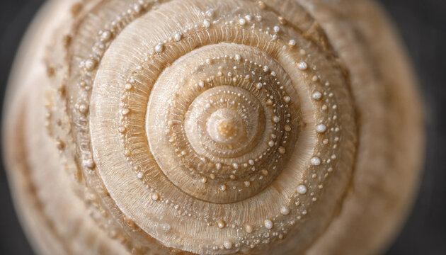 Top-down macro view of a spiral seashell apex, showing intricate circular growth patterns and tiny bumps on its textured surface