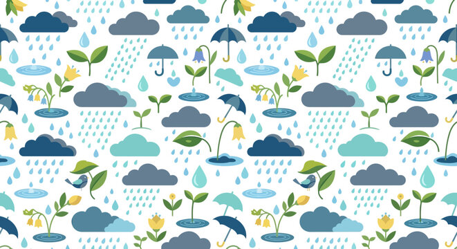 Seamless pattern with rain clouds and flowers.
