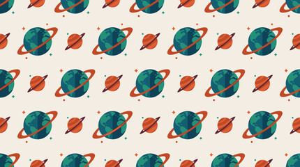 Seamless retro space pattern with colorful planets and Saturn. © Kogan