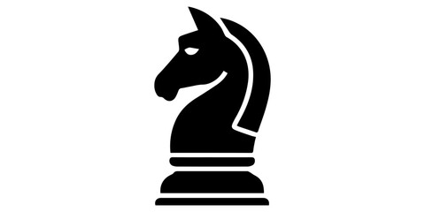 Minimalist black silhouette of chess knight piece with stylized horse head and pedestal base, iconic strategic game symbol representing tactics, creativity, and competition concepts. pro © Brazandrachandra