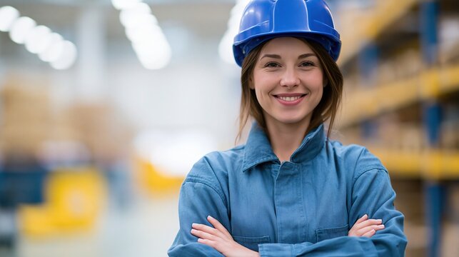 Smiling woman in blue workwear and helmet in warehouse setting