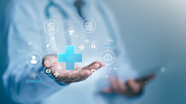 Doctor holding health data, medical information, and healthcare digital interface. cloud health records and patient analysis innovation with AI technology on network electronic folder document.