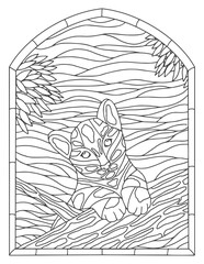 Stained glass coloring page for adults and children. Little tiger cub on a tree.