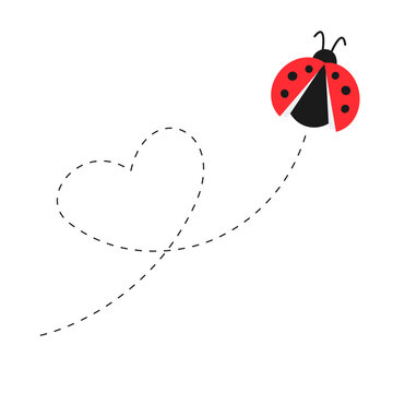 Cute flying ladybug with heart flight path