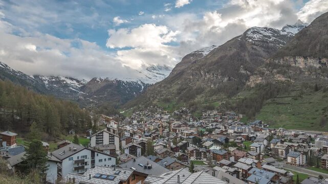 Zermatt Switzerland time lapse city skyline at Zermatt city Valley and Matterhorn mountain peak