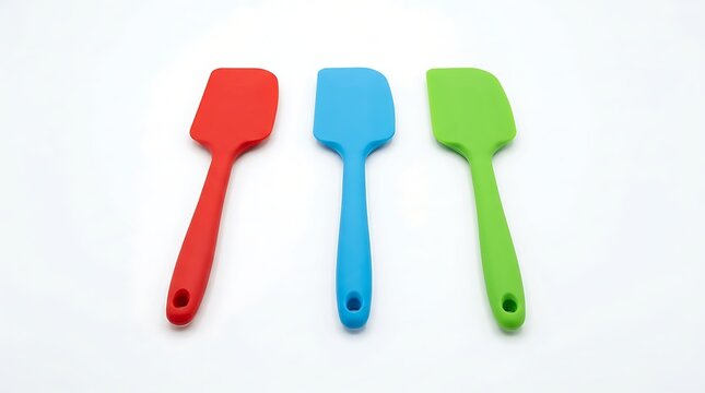 Three colorful silicone kitchen spatulas isolated on white background for cooking