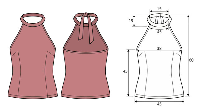 Halter neck top fashion technical sketch. Flat garment design with measurement specifications.