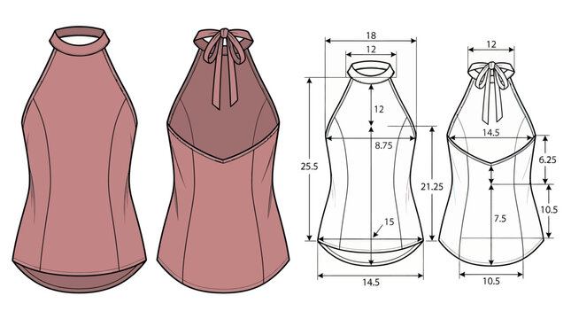 Halter neck top fashion technical sketch. Apparel design flat drawing with measurement specs.