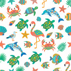 Naklejka premium Vibrant Tropical Marine Life Pattern: A lively and colorful collection of stylized tropical sea creatures, including fish, dolphins, turtles, crabs, flamingos, and starfish.