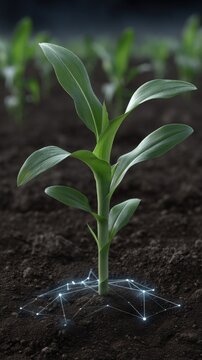 Young corn plant grows in soil surrounded by glowing digital lines and nodes in a field under natural light