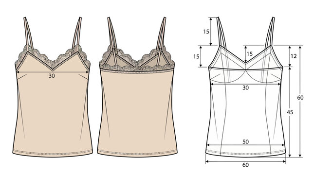 Lace trim camisole technical sketch. Fashion design flat drawing for apparel manufacturing.