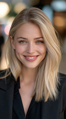 Fototapeta premium young blonde businesswoman smiling outdoors in modern city, cheerful professional blonde woman with elegant urban style, confident young blonde woman with clean polished look in city