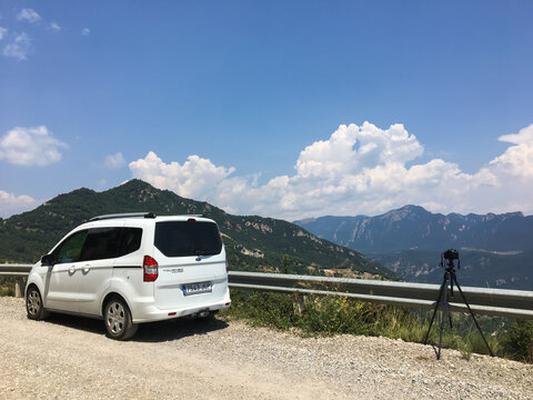 Berga, Spain; August 1 2018: White delivery van parked enjoying mountain view Berga, Catalonia
