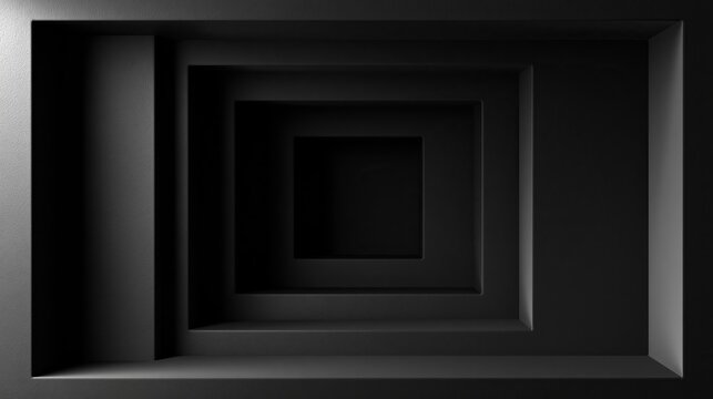 Abstract black geometric shapes forming nested square voids, a minimalist composition conveying depth and mystery
