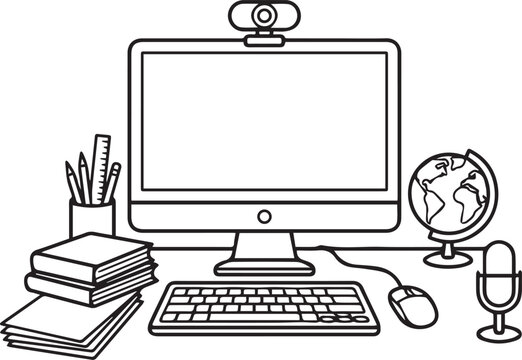 Work from home office desk setup with desktop computer and webcam and microphone and globe for remote professional communication and study space