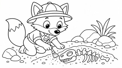 Obraz premium Cute cartoon fox archaeologist digging dinosaur fossil with brush, black and white line art coloring page for kids