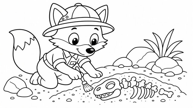 Cute cartoon fox archaeologist digging dinosaur fossil with brush, black and white line art coloring page for kids