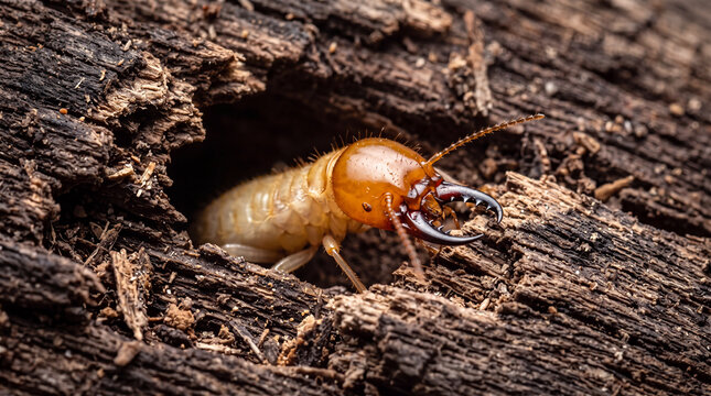 A soldier termite, distinguished by its large, sharp mandibles, emerges from a cavity in decaying wood, highlighting its role in nature.