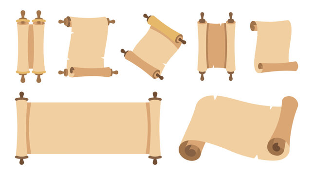 Vintage ancient paper scrolls set with wooden handles for documents.