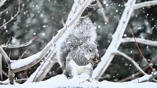 Gray Squirrel Eating Seeds During Gentle Snowfall in Winter