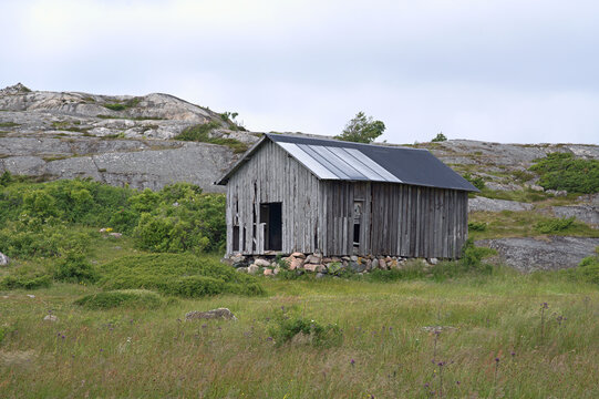 Weathered grey timber barn in a coastal Swedish meadow