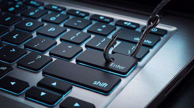 A fishing hook is placed on the 'Enter' key of a laptop keyboard, symbolizing cyber threats like phishing.