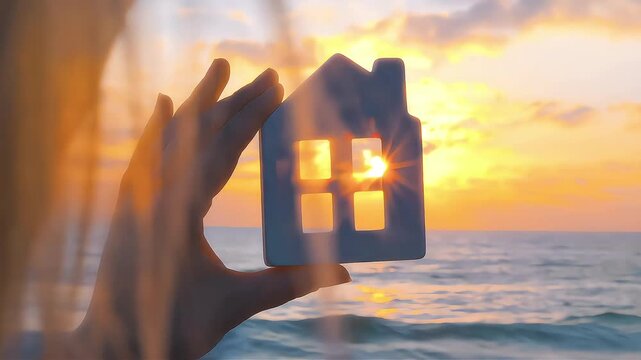 Hand Holding Wooden House Model Against Golden Sunset Over the Sea