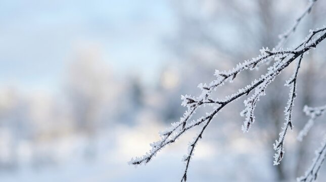 Delicate frost crystals coating thin tree branches during a serene cold winter morning landscape