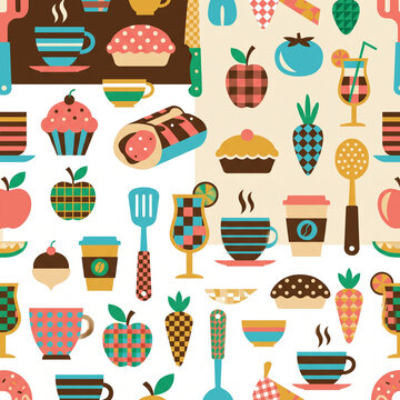 Colorful Kitchen Collage: A vibrant and playful collage of kitchen items and food illustrations, showcasing a delightful array of culinary elements in a retro-inspired design.