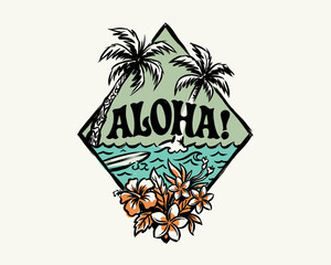 Tropical Aloha Hawaii vector graphic. Vintage surf badge with palm trees and ocean waves. Hibiscus and plumeria floral summer design. © DandiPdn