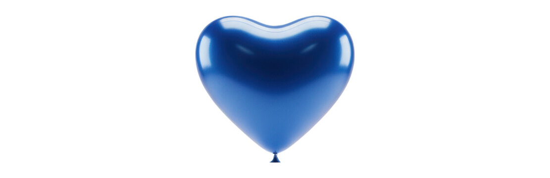 A vibrant cobalt blue heart balloon with a white string floats in a transparent studio with glossy reflections and soft lighting minimalist celebration atmosphere