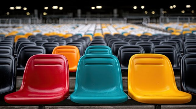 Rows of colorful plastic stadium seats create a vibrant pattern under dim lighting in a large indoor space