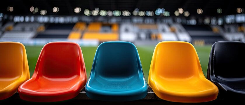 Ground level view of empty stadium seats with colorful chairs in neat rows under natural light