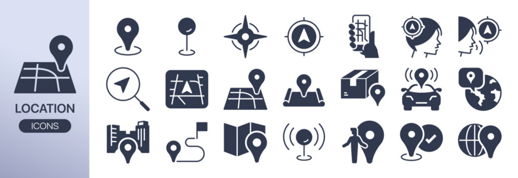 Location solid vector icon set. It includes map, pin, navigation, route, and more icons. Editable Vector Stroke.