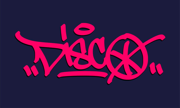 Disco graffiti tag features hand style lettering with peace symbol on dark background layout. Urban street art typography wordmark for retro dance party music merchandise apparel design clip art.