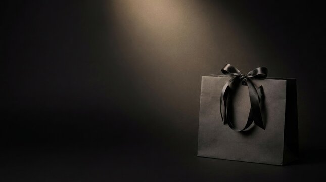 Minimalist black shopping bag with elegant satin ribbon bow under dramatic soft golden spotlight