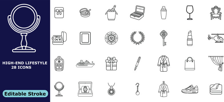 Luxury lifestyle and premium amenities icon set, 28 vector outline pictograms of high-end accessories, hotel services, elite fashion symbols, and exclusive lifestyle elements
