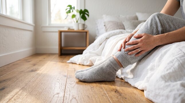 Woman wearing grey socks sitting on bed in a bright modern bedroom