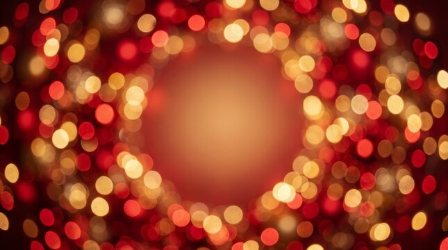 Abstract circular frame composed of glowing red and golden blurred bokeh light orbs pattern