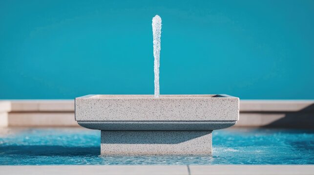 A modern fountain spouting water in a serene pool setting, surrounded by a vibrant turquoise backdrop, creating a tranquil and refreshing atmosphere perfect for relaxation.